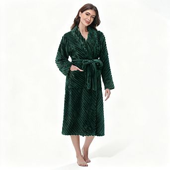 Super Soft Fleece Womens Robe Plush Long Bathrobe Stripe Warm Lightweight Adjustable Belt Side