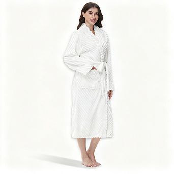 Super Soft Fleece Womens Robe Plush Long Bathrobe Stripe Warm Lightweight Adjustable Belt Side