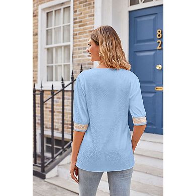 Women's V-Neck Lace Satin 3/4 Sleeve Blouse Shirt Top