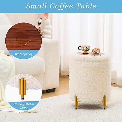 Round storage ottoman, metal legs, upholstered seat, coffee table, 300 pounds