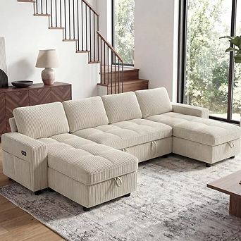 Opoiar 105" U-Shaped Corduroy Sleeper Sofa with Pull-Out Bed, Storage Chaise, Adjustable Back, USB
