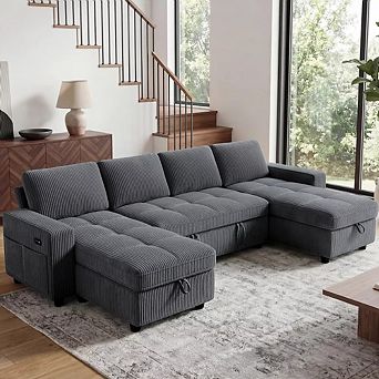 Opoiar 105" U-Shaped Corduroy Sleeper Sofa with Pull-Out Bed, Storage Chaise, Adjustable Back, USB