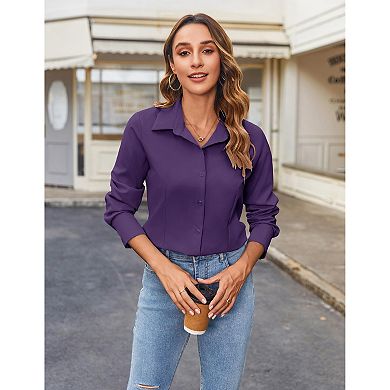 Zeagoo Womens Long Sleeve Button Down Dress Shirt Slim Fitted Collared Solid Business Work Blouse