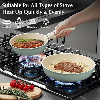 Ceramic Pots and Pans Set Non Stick , 8 Pcs Nonstick Cookware Set with Detachable Handle