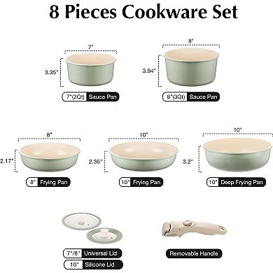 Ceramic Pots and Pans Set Non Stick , 8 Pcs Nonstick Cookware Set with Detachable Handle
