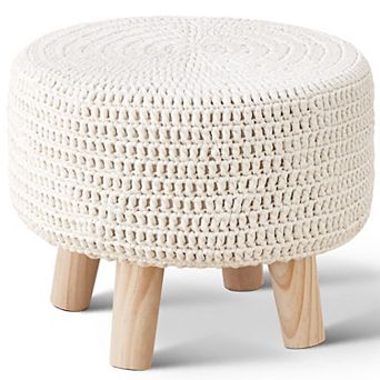 Cotton Knitted Round Footstool, Non-Slip Wooden Handmade Cushion, For Living Room Use