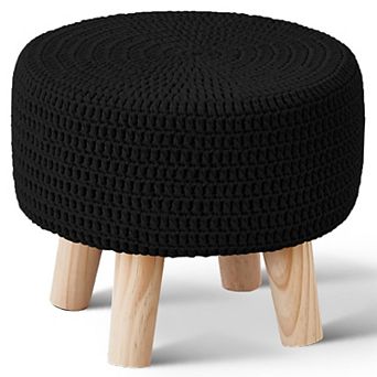 Cotton Knitted Round Footstool, Non-Slip Wooden Handmade Cushion, For Living Room Use