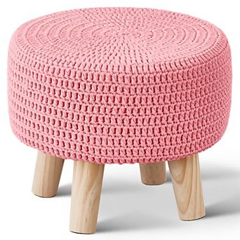 Cotton Knitted Round Footstool, Non-Slip Wooden Handmade Cushion, For Living Room Use
