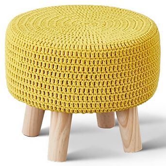 Cotton Knitted Round Footstool, Non-Slip Wooden Handmade Cushion, For Living Room Use