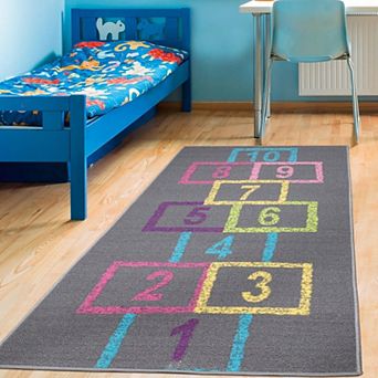 Hopscotch Rug 2'2"x6' Kids Play Mat Non-Slip Educational Carpet Gray Pink for Classroom Bedroom