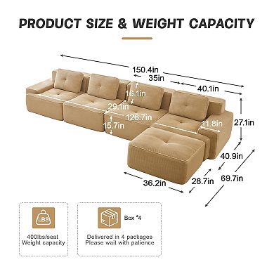 Pnronnc L-Shaped Modular Sectional Sofa Corduroy Deep Seat Couch with Movable Footstool and Pillow