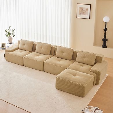 Pnronnc L-Shaped Modular Sectional Sofa Corduroy Deep Seat Couch with Movable Footstool and Pillow