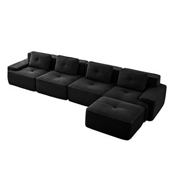 Pnronnc L-Shaped Modular Sectional Sofa Corduroy Deep Seat Couch with Movable Footstool and Pillow