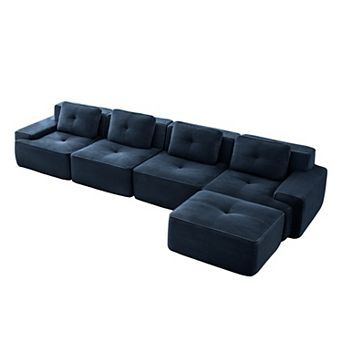 Pnronnc L-Shaped Modular Sectional Sofa Corduroy Deep Seat Couch with Movable Footstool and Pillow