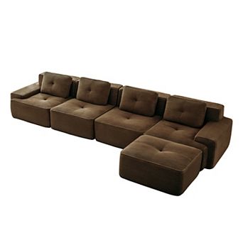 Pnronnc L-Shaped Modular Sectional Sofa Corduroy Deep Seat Couch with Movable Footstool and Pillow