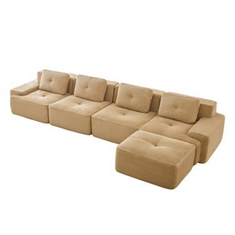 Pnronnc L-Shaped Modular Sectional Sofa Corduroy Deep Seat Couch with Movable Footstool and Pillow