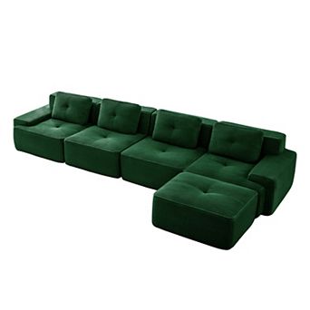 Pnronnc L-Shaped Modular Sectional Sofa Corduroy Deep Seat Couch with Movable Footstool and Pillow