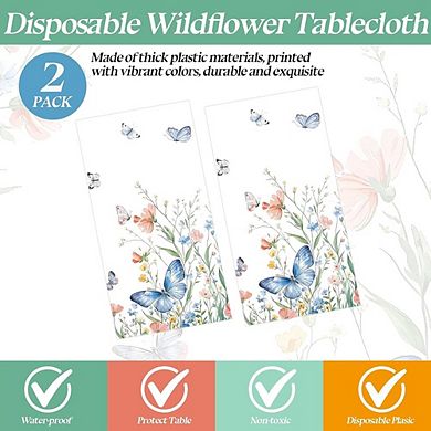 Spring Floral Tablecloths, disposable plastic party covers, waterproof 2 pack