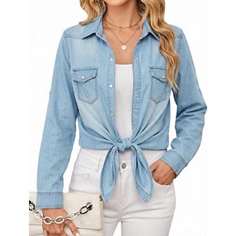 Women's V Neck Denim Shirt Long Sleeve Button Up