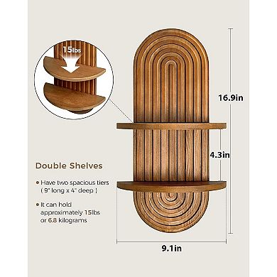 Boho Wall Decor Brown Plant Wall Shelf, 2-Tier Wooden Floating Shelves for Home