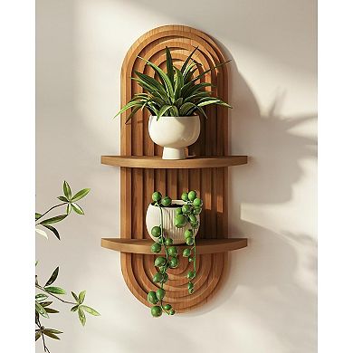 Boho Wall Decor Brown Plant Wall Shelf, 2-Tier Wooden Floating Shelves for Home