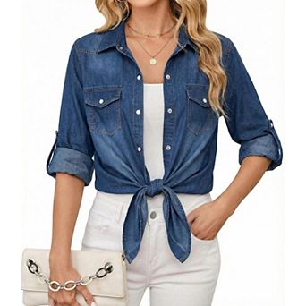 Women's Long Sleeve V-Neck Denim Shirt Button Up