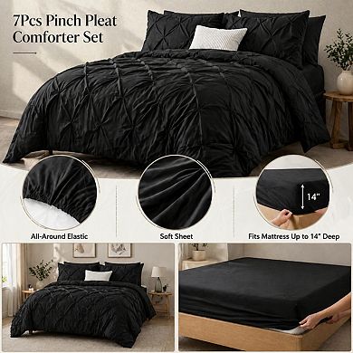 Queen 7 Pieces Pinch Pleat Bed In A Bag Comforter Set With Sheets Pillowcases Shams