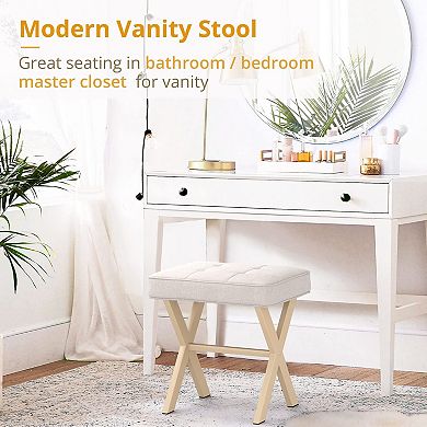 Square Footstool X-shaped Footrest with Padded Seat for Dressing Table and Bathroom Use