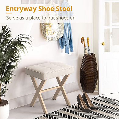 Square Footstool X-shaped Footrest with Padded Seat for Dressing Table and Bathroom Use