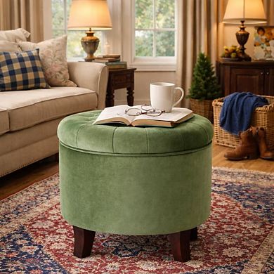 Velvet Round Tufted Ottoman Storage Footrest 18" Living Room Bedroom
