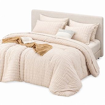 7 pc Queen Comforter Set Seersucker Bed-in-a-Bag All Season Luxury Bedding with Flat Fitted Sheet