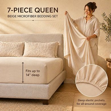 7-Piece Queen Comforter Set Seersucker Bed-in-a-Bag All Season Luxury Bedding with Flat Fitted Sheet