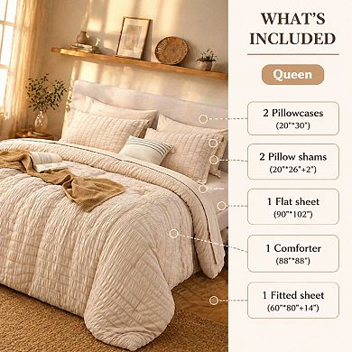 7-Piece Queen Comforter Set Seersucker Bed-in-a-Bag All Season Luxury Bedding with Flat Fitted Sheet