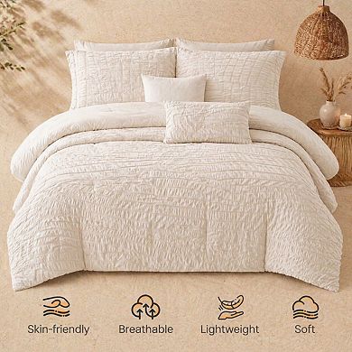 7-Piece Queen Comforter Set Seersucker Bed-in-a-Bag All Season Luxury Bedding with Flat Fitted Sheet
