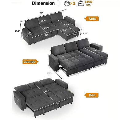 Opoiar 81" L-Shaped Chenille Sleeper Sofa with Pull-Out Bed, Storage Chaise, Adjustable Back, USB