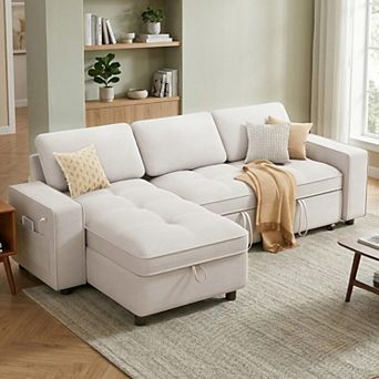 Opoiar 81" L-Shaped Chenille Sleeper Sofa with Pull-Out Bed, Storage Chaise, Adjustable Back, USB