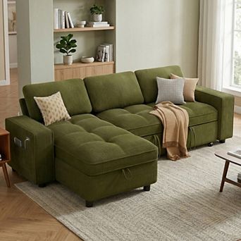 Opoiar 81" L-Shaped Chenille Sleeper Sofa with Pull-Out Bed, Storage Chaise, Adjustable Back, USB