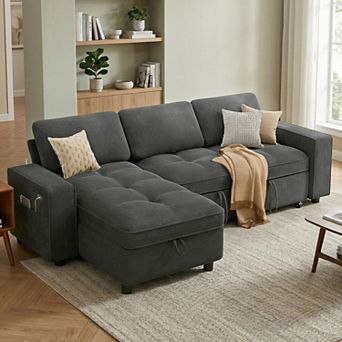 Opoiar 81" L-Shaped Chenille Sleeper Sofa with Pull-Out Bed, Storage Chaise, Adjustable Back, USB