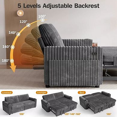 Opoiar 91" Sleeper Sectional with Pull-Out Bed, Reclining Back, USB & Cup Holders, Corduroy