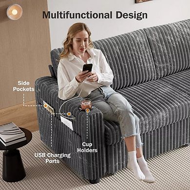 Opoiar 91" Sleeper Sectional with Pull-Out Bed, Reclining Back, USB & Cup Holders, Corduroy