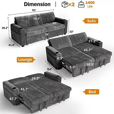 Opoiar 91" Sleeper Sectional with Pull-Out Bed, Reclining Back, USB & Cup Holders, Corduroy