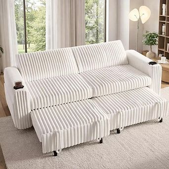 Opoiar 91" Sleeper Sectional with Pull-Out Bed, Reclining Back, USB & Cup Holders, Corduroy