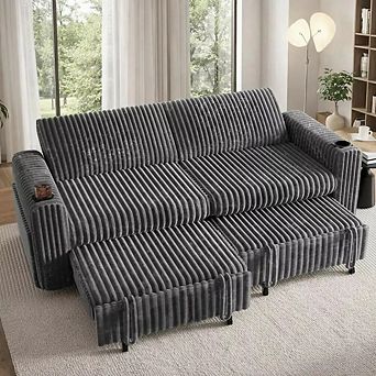 Opoiar 91" Sleeper Sectional with Pull-Out Bed, Reclining Back, USB & Cup Holders, Corduroy