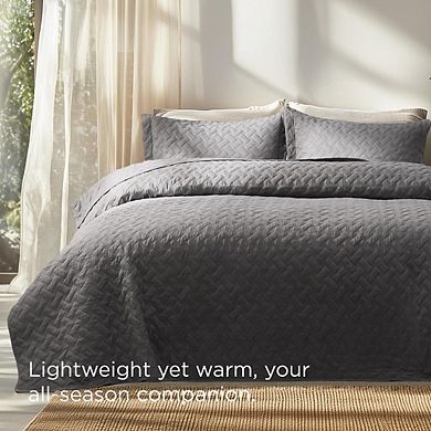 Basket Weave Quilted Coverlet Set, Soft Lightweight Breathable All-Season Bedding