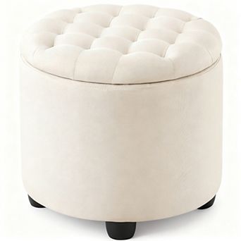 Round Storage Ottoman Button Tufted Linen Footstool with Removable Lid