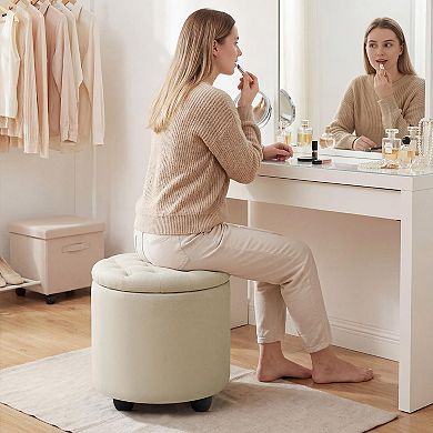 Round Storage Ottoman Button Tufted Linen Footstool with Removable Lid 