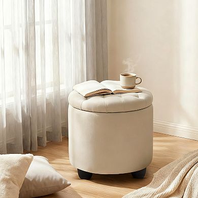 Round Storage Ottoman Button Tufted Linen Footstool with Removable Lid 