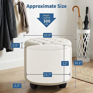 Round Storage Ottoman Button Tufted Linen Footstool with Removable Lid 