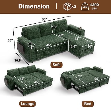 Opoiar 85" Modular 3-Seat L-Shaped Couch, Reclining Back, USB, Cup Holders, Storage Chaise