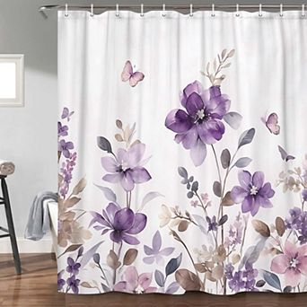 Purple Lavender Floral Butterfly Boho Shower Curtains for Bathroom, with 12 pc Hooks, 70X70IN